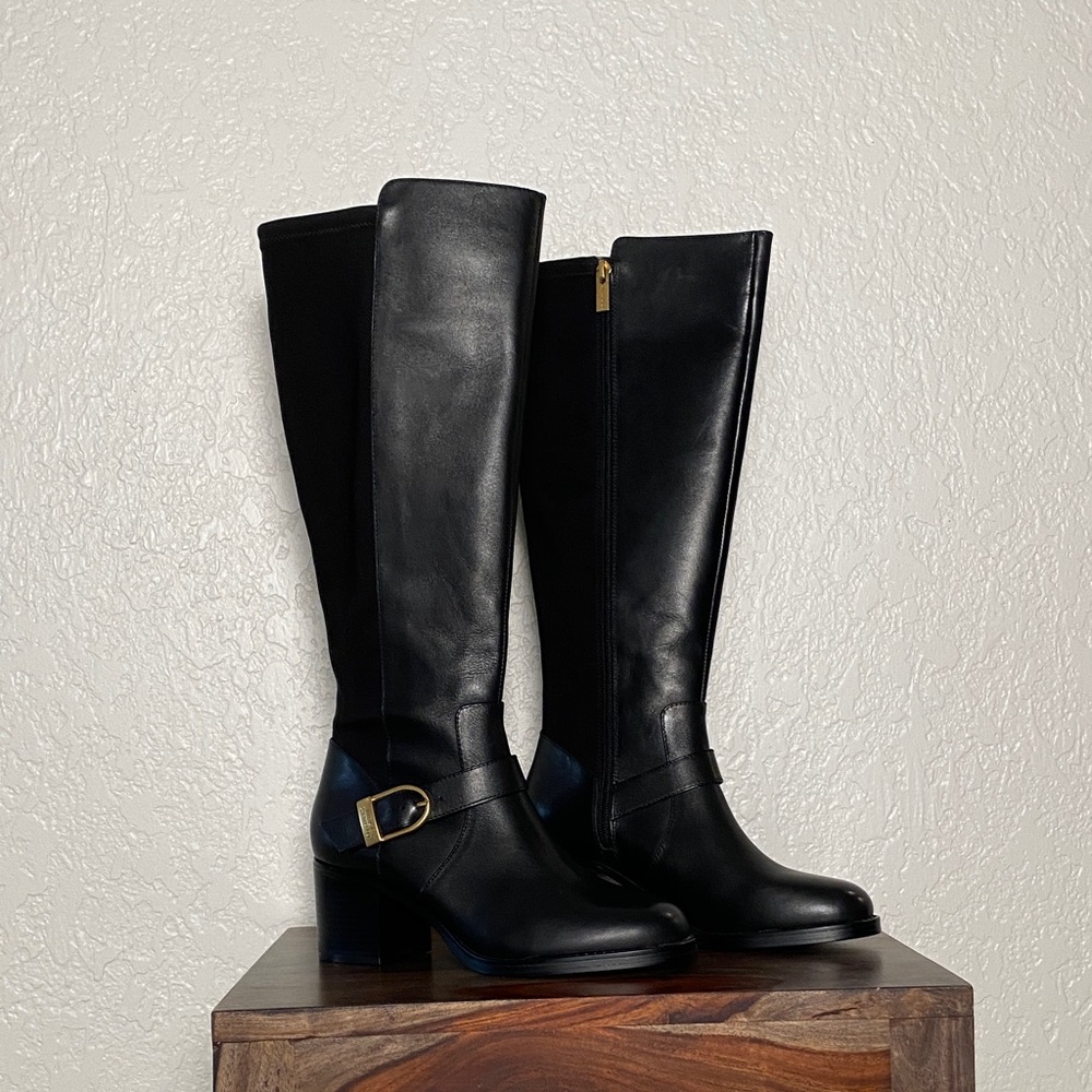 Vince Camuto Black Heeled Boots with Gold Buckle(NEW!)